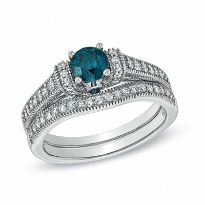 1.00 CT. T.W. Enhanced Blue and White Diamond Vintage-Style Bridal Set in 14K White Gold|Peoples Jewellers