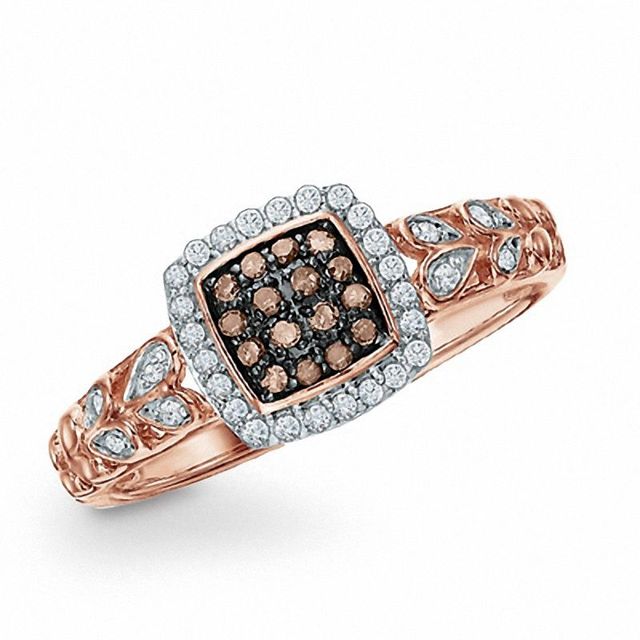 0.21 CT. T.W. Champagne and White Diamond Square Frame Ring in 10K Rose Gold|Peoples Jewellers