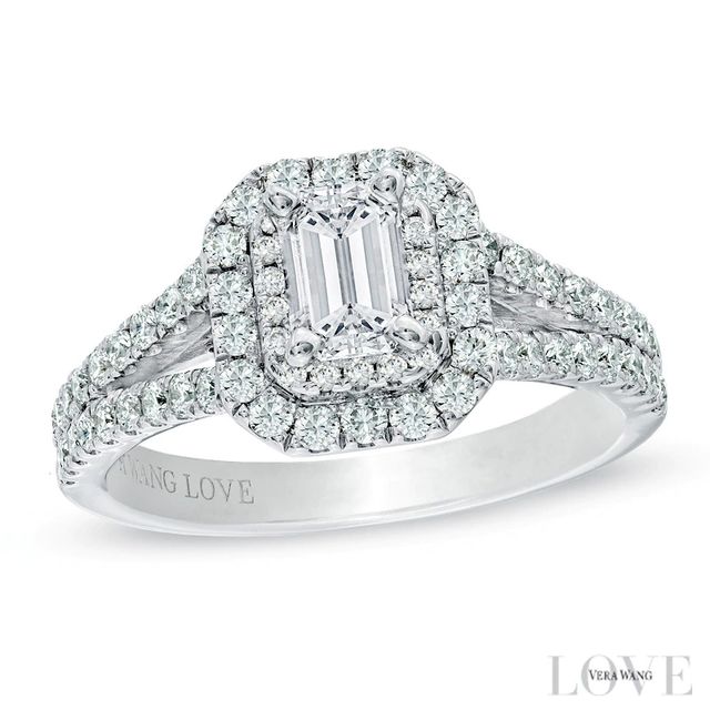 Vera Wang Love Collection 1.29 CT. T.W. Emerald-Cut Diamond Split Shank Frame Engagement Ring in 14K White Gold|Peoples Jewellers