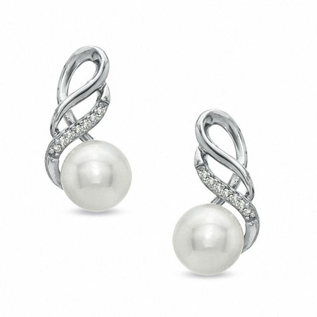Honora 6.5 - 7.0mm Cultured Freshwater Pearl and Diamond Accent Swirl Earrings in Sterling Silver|Peoples Jewellers