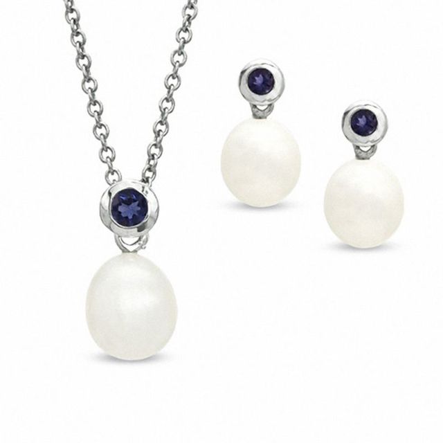 Honora 8.0-8.5mm Freshwater Cultured Pearl and Iolite Pendant and Earrings Set in Sterling Silver|Peoples Jewellers