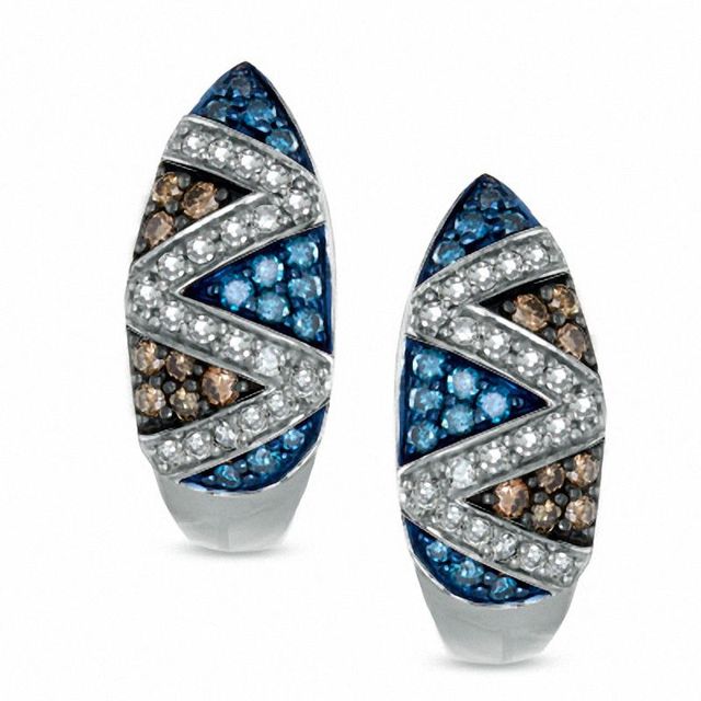 0.74 CT. T.W. Enhanced Blue Champagne and White Diamond Zig-Zag Hoop Earrings in 10K White Gold