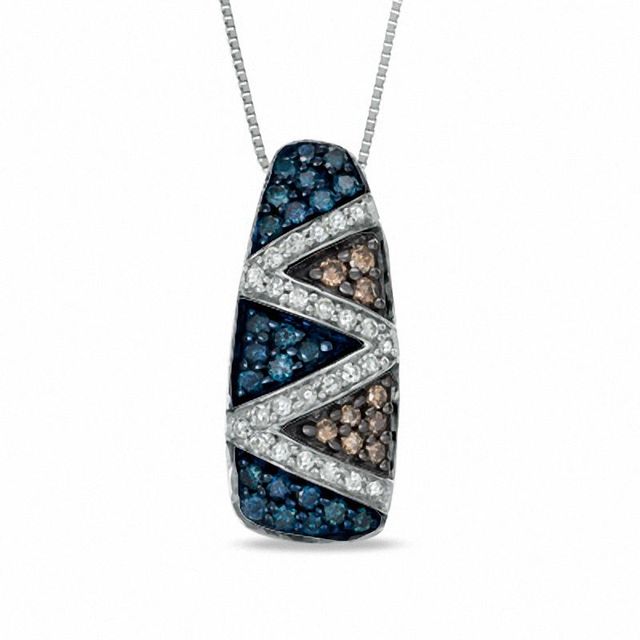 0.49 CT. T.W. Enhanced Blue Champagne and White Diamond Zig-Zag Pendant in 10K White Gold