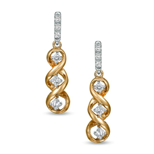 0.21 CT. T.W. Diamond Three Stone Drop Earrings in 10K Two-Tone Gold|Peoples Jewellers