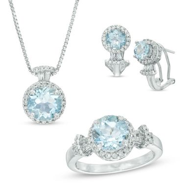 Aquamarine and Lab-Created White Sapphire Pendant, Ring and Earrings Set in Sterling Silver - Size 7|Peoples Jewellers