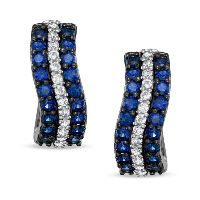 Lab-Created Blue and White Sapphire Wavy Hoop Earrings in Sterling Silver|Peoples Jewellers
