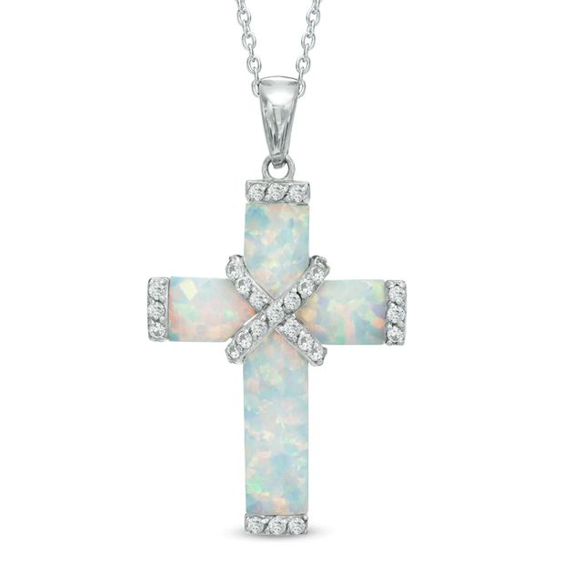 Lab-Created Opal and White Sapphire Cross Pendant in Sterling Silver|Peoples Jewellers