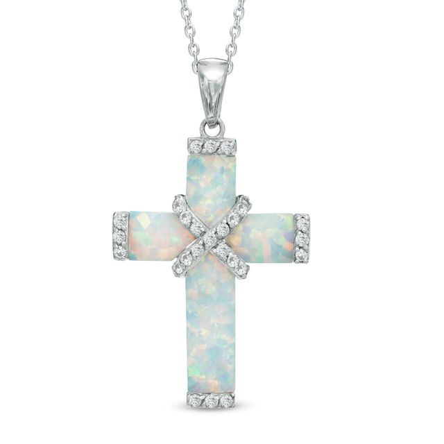 Lab-Created Opal and White Sapphire Cross Pendant in Sterling Silver