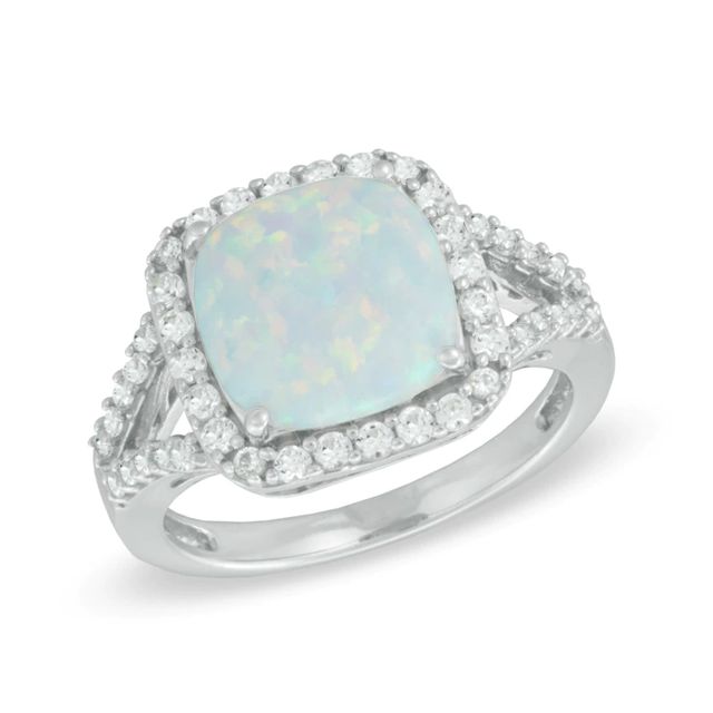 10.0mm Cushion-Cut Lab-Created Opal and White Sapphire Ring in Sterling Silver|Peoples Jewellers