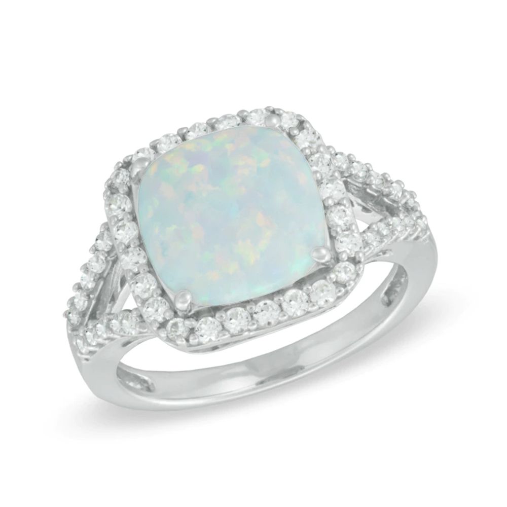 10.0mm Cushion-Cut Lab-Created Opal and White Sapphire Ring in Sterling Silver|Peoples Jewellers