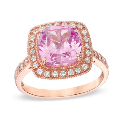 9.0mm Cushion-Cut Lab-Created Pink and White Sapphire Ring in Sterling Silver with 14K Rose Gold Plate|Peoples Jewellers