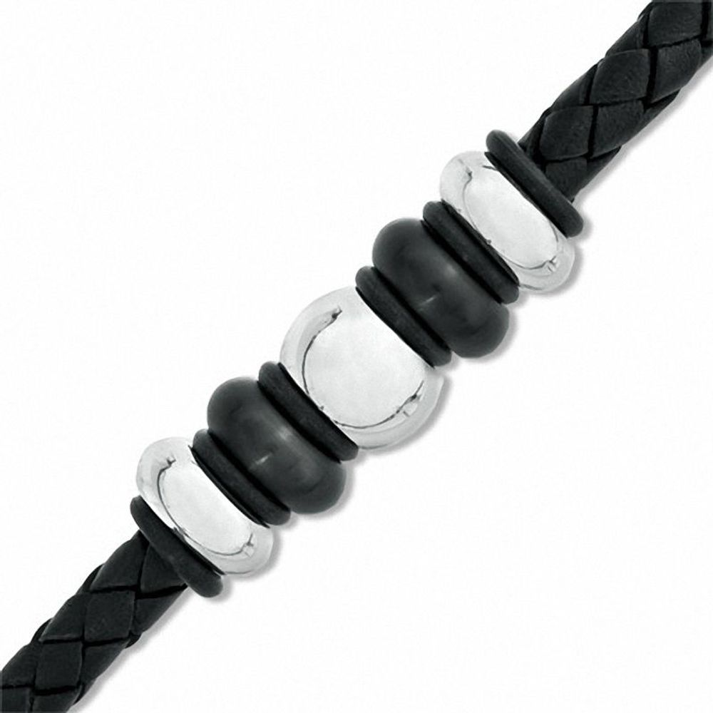 Men's Black Braided Leather and Two-Tone Stainless Steel Bead Bracelet - 8.75"|Peoples Jewellers