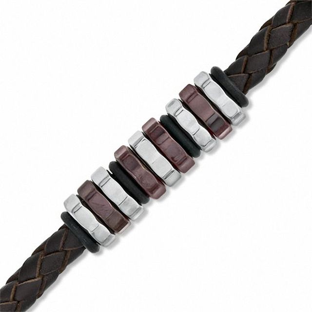 Men's Brown Braided Leather and Two-Tone Stainless Steel Disc Bead Bracelet - 8.75"|Peoples Jewellers