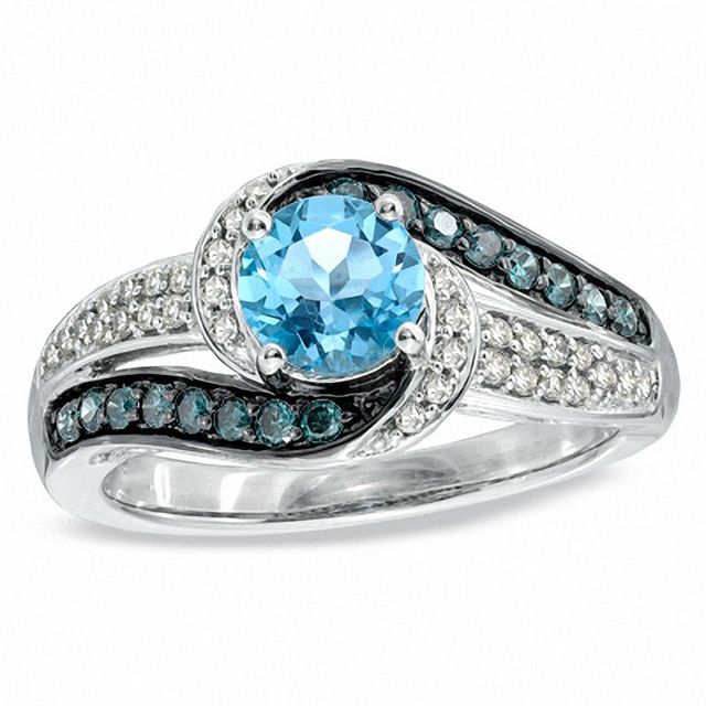 6.0mm Swiss Blue Topaz and 0.37 CT. T.W. Enhanced Blue and White Diamond Ring in 10K White Gold|Peoples Jewellers