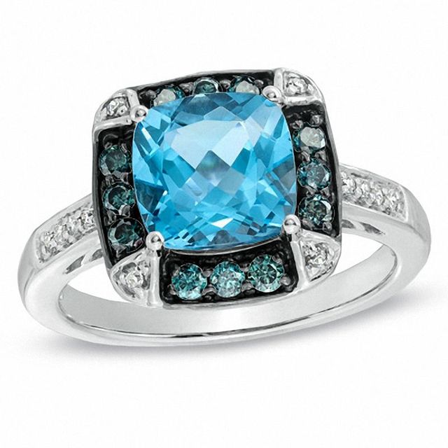 8.0mm Cushion-Cut Swiss Blue Topaz and 0.34 CT. T.W. Enhanced Blue and White Diamond Frame Ring in 10K White Gold|Peoples Jewellers
