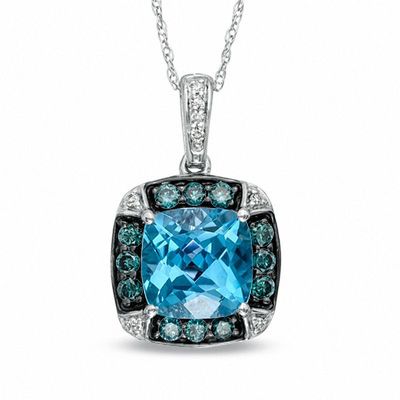 8.0mm Cushion-Cut Swiss Blue Topaz and 0.32 CT. T.W. Enhanced Blue and White Diamond Frame Pendant in 10K White Gold|Peoples Jewellers