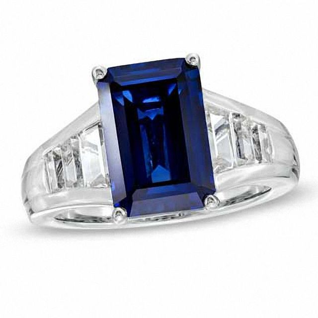 Emerald-Cut Lab-Created Ceylon and White Sapphire Ring in Sterling Silver|Peoples Jewellers