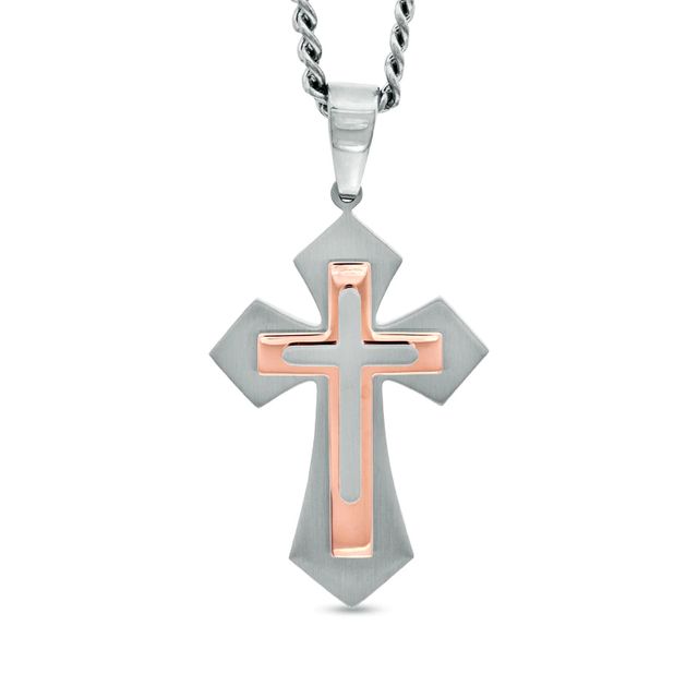 Men's Stacked Cross Pendant in Two-Tone Stainless Steel - 24"