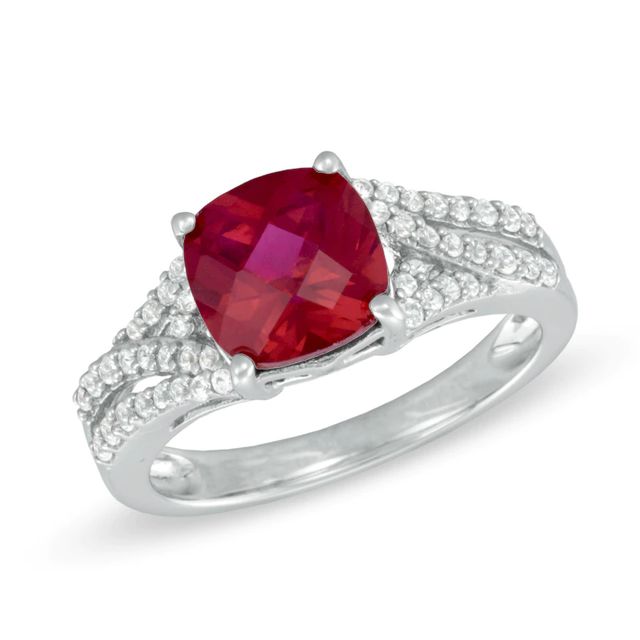 8.0mm Cushion-Cut Lab-Created Ruby and White Sapphire Ring in Sterling Silver