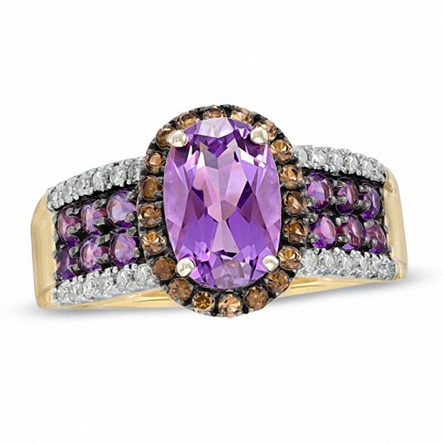 Oval Amethyst, Smoky Quartz and 0.13 CT. T.W. Diamond Ring in 10K Gold|Peoples Jewellers