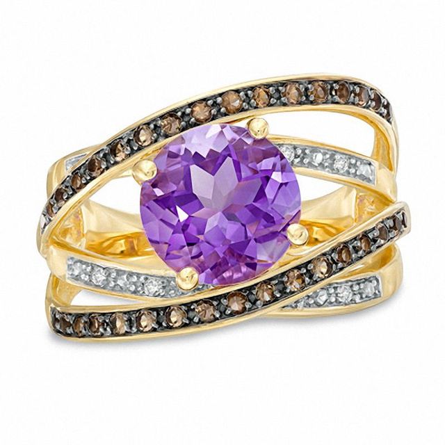 9.0mm Amethyst, Smoky Quartz and Diamond Accent Orbit Ring in 10K Gold|Peoples Jewellers