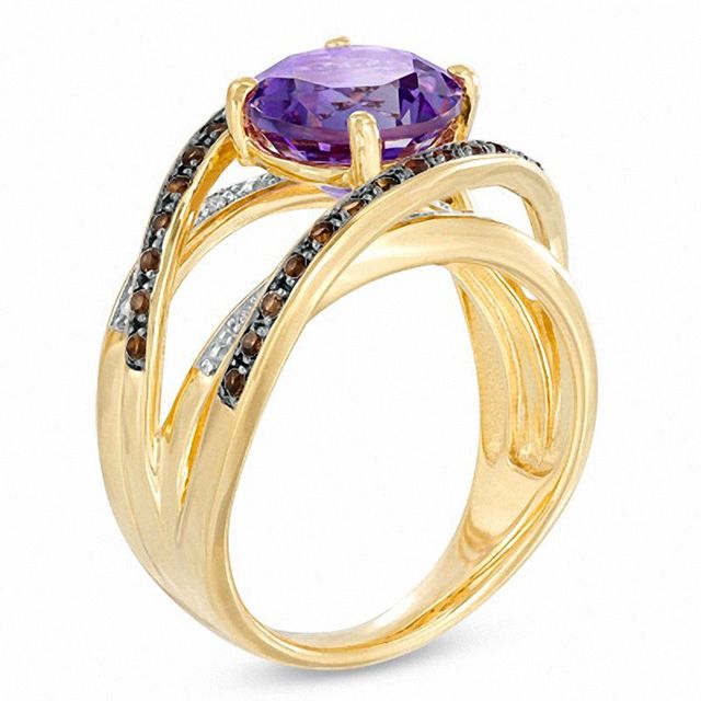 9.0mm Amethyst, Smoky Quartz and Diamond Accent Orbit Ring in 10K Gold
