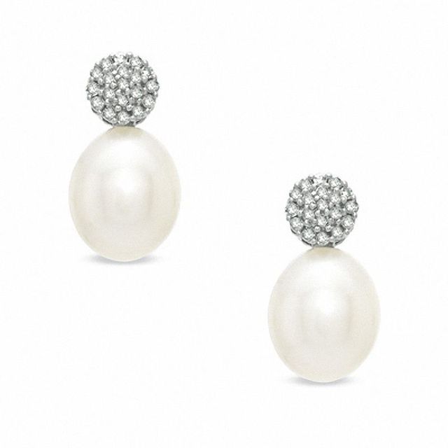 Honora 7.5 - 8.0mm Cultured Freshwater Pearl and Diamond Accent Drop Earrings in Sterling Silver|Peoples Jewellers