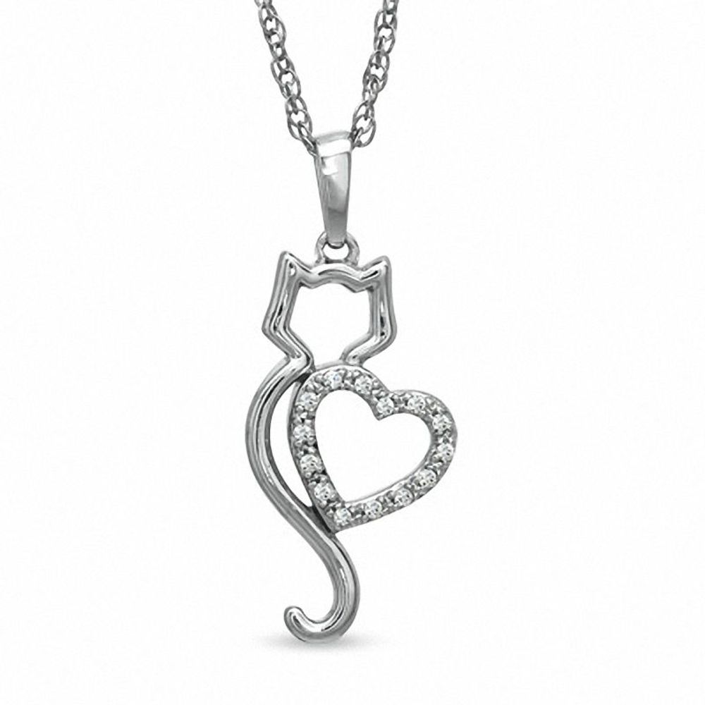 Tender Voices® 0.05 CT. T.W. Diamond Cat with Heart Pendant in Sterling Silver|Peoples Jewellers