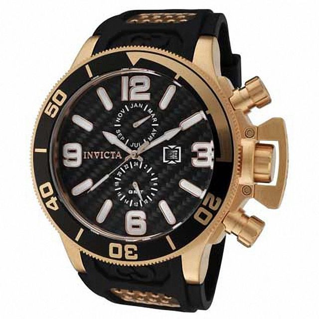 Men's Invicta Corduba Rose-Tone Strap Watch with Black Carbon Fibre Dial (Model: 10507)|Peoples Jewellers