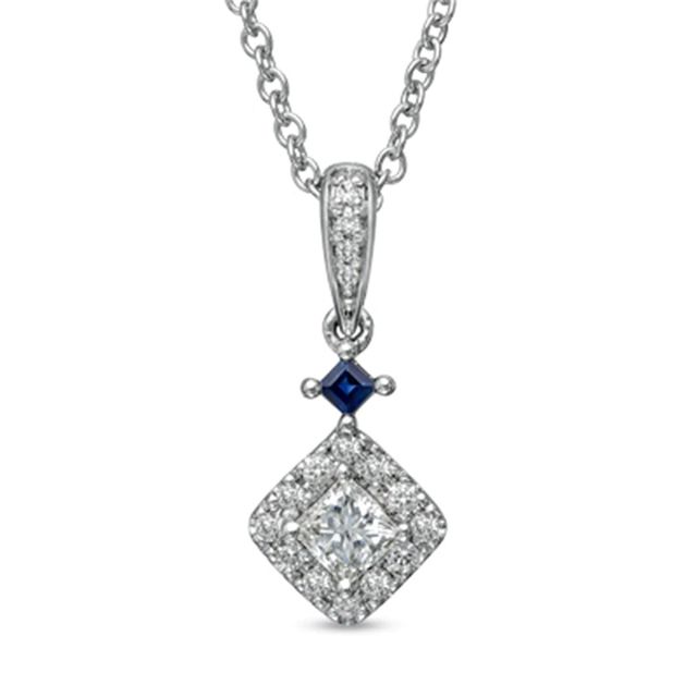 Vera Wang Love Collection 0.38 CT. T.W. Princess-Cut Diamond and Blue Sapphire Pendant in 14K White Gold|Peoples Jewellers