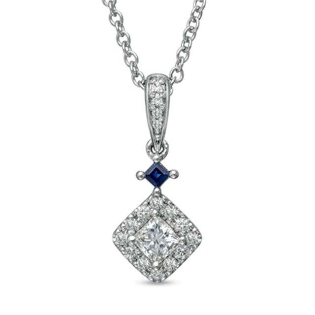 Vera Wang Love Collection 0.38 CT. T.W. Princess-Cut Diamond and Blue Sapphire Pendant in 14K White Gold