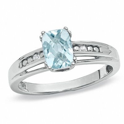 Rectangular Aquamarine and Lab-Created White Sapphire Ring in 10K White Gold|Peoples Jewellers