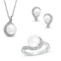 7.0-9.0mm Freshwater Cultured Pearl and Diamond Accent Pendant, Ring and Earrings Set in Sterling Silver|Peoples Jewellers