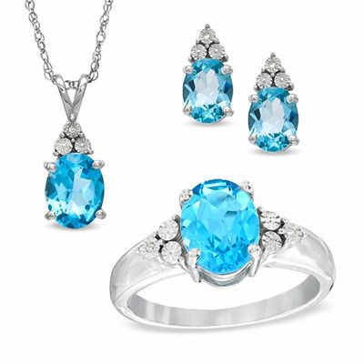 Oval Swiss Blue Topaz and Diamond Accent Pendant, Ring and Earrings Set in Sterling Silver - Size 7|Peoples Jewellers