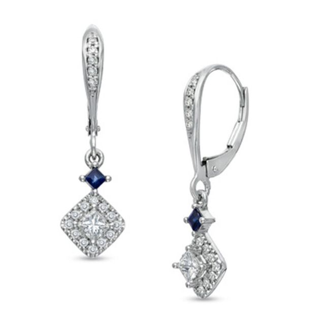 Vera Wang Love Collection 0.47 CT. T.W. Princess-Cut Diamond and Blue Sapphire Drop Earrings in 14K White Gold|Peoples Jewellers