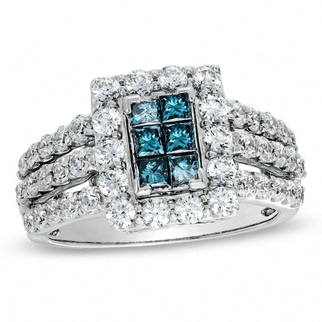 2.00 CT. T.W. Enhanced Blue Composite Princess-Cut and White Diamond Rectangular Frame Ring in 14K White Gold