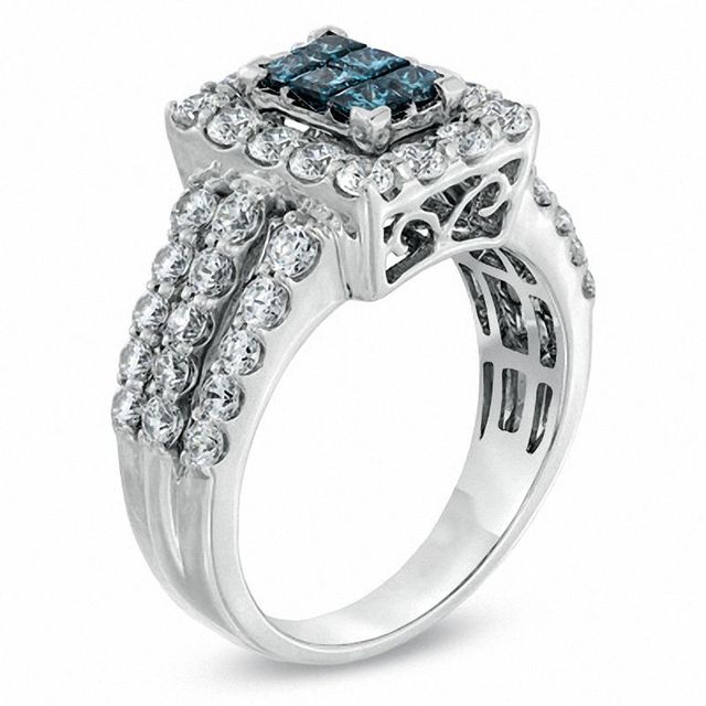 2.00 CT. T.W. Enhanced Blue Composite Princess-Cut and White Diamond Rectangular Frame Ring in 14K White Gold|Peoples Jewellers