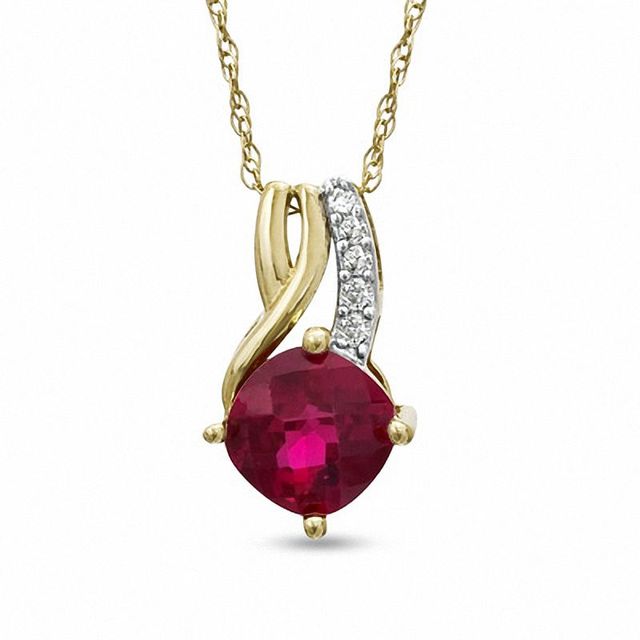 6.0mm Cushion-Cut Lab-Created Ruby and White Sapphire Pendant in 10K Gold|Peoples Jewellers