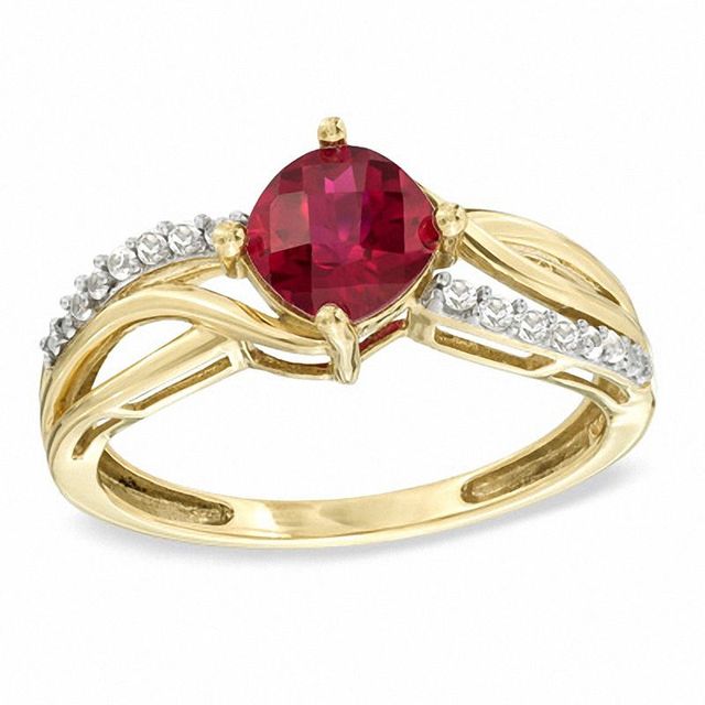 6.0mm Cushion-Cut Lab-Created Ruby and White Sapphire Ring in 10K Gold|Peoples Jewellers