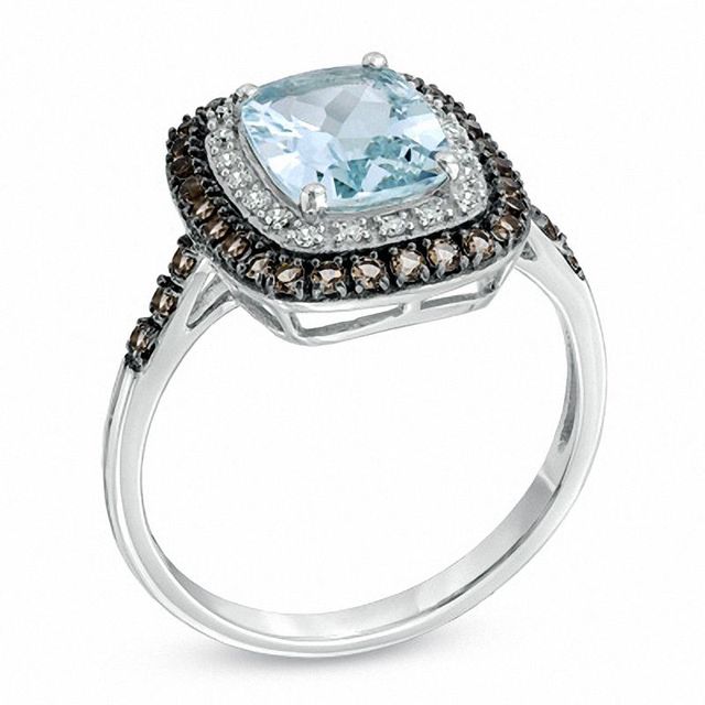 Cushion-Cut Aquamarine, Smoky Quartz and 0.19 CT. T.W. Diamond Ring in 10K White Gold|Peoples Jewellers