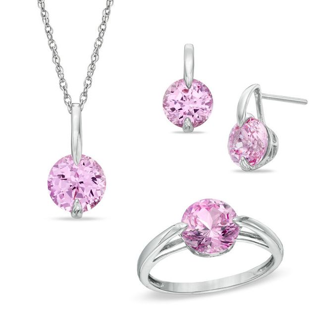 Lab-Created Pink Sapphire Pendant, Ring and Earrings Set in Sterling Silver - Size 7|Peoples Jewellers