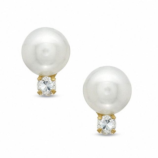 5.75mm Freshwater Cultured Pearl and Cubic Zirconia Earrings in 14K Gold