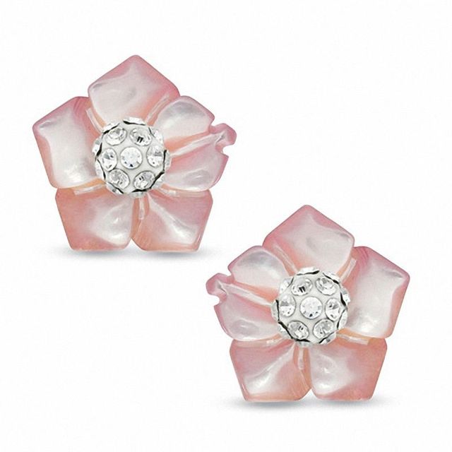 10.0mm Light Pink Mother-of-Pearl and Crystal Flower Earrings in 14K Gold|Peoples Jewellers