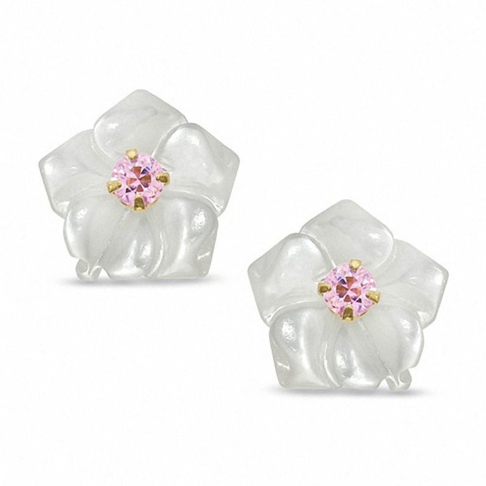 Mother-of-Pearl and Pink Cubic Zirconia Flower Earrings in 14K Gold|Peoples Jewellers