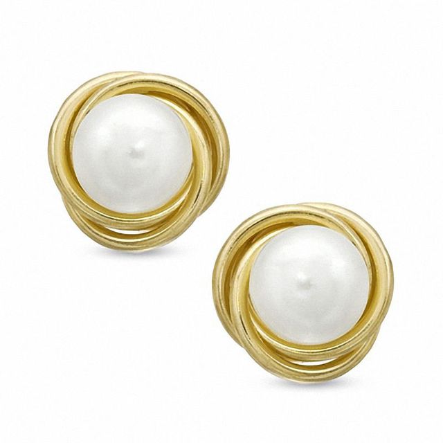 6.0mm Freshwater Cultured Pearl Knot Earrings in 14K Gold