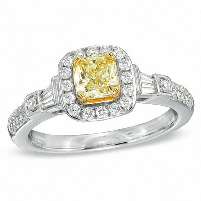 0.95 CT. T.W. Certified Princess-CutYellow and White Diamond Ring in 18K White Gold (P/SI2)|Peoples Jewellers
