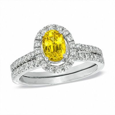 Certified Oval Yellow Sapphire and 0.46 CT. T.W. Diamond Bridal Set in 14K White Gold|Peoples Jewellers