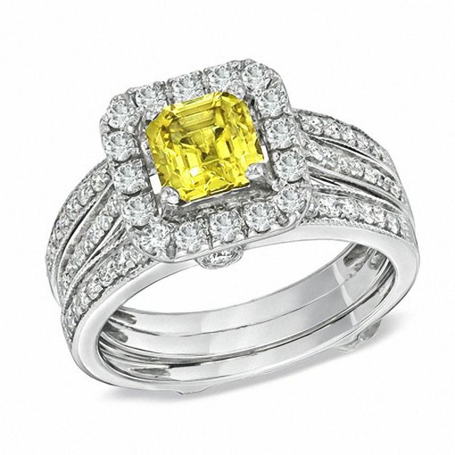 Certified Cushion-Cut Yellow Sapphire and CT. T.W. Diamond Bridal Set in 14K White Gold|Peoples Jewellers