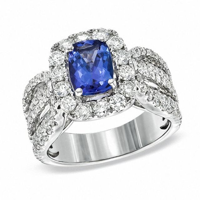 Certified Cushion-Cut Tanzanite and CT. T.W. Diamond Engagement Ring in 14K White Gold|Peoples Jewellers