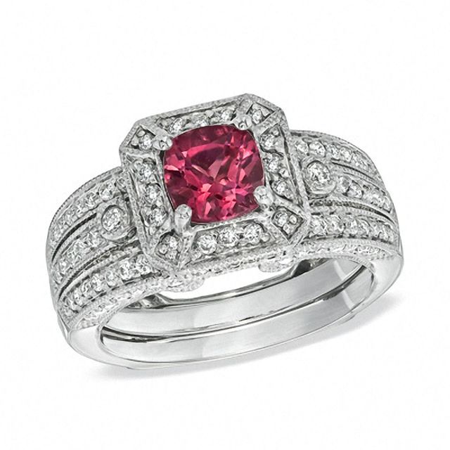 Certified Cushion-Cut Pink Tourmaline and 0.96 CT. T.W. Certified Diamond Bridal Set in 14K White Gold|Peoples Jewellers